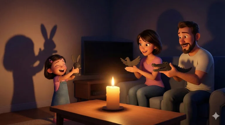 Family makes bunny, bird, and alligator shadows with candle light for a children's story.