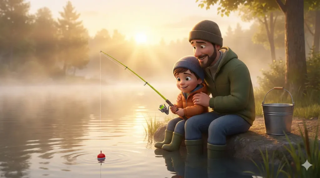 Dad and child fishing by lake at sunrise. Fun outdoor kids' story.