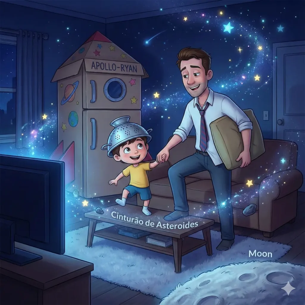 Dad and child play space adventure with cardboard rocket and stars.