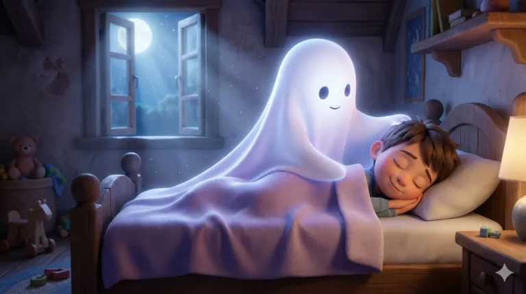 Smiling ghost character watches over sleeping boy in cozy bedroom at night.