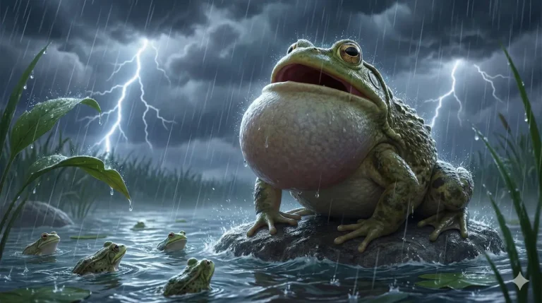 Green frogs sing in rain, lightning flashes. Children's story illustration.
