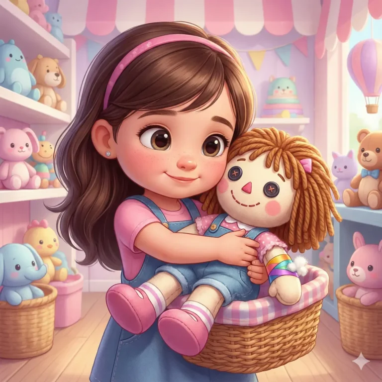 Girl with brown hair hugs ragdoll in toy shop; pinks and blues.