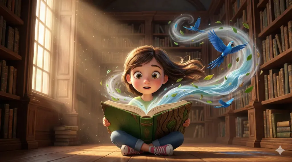 Girl reads magic book. Blue birds and leaves fly. Library setting.