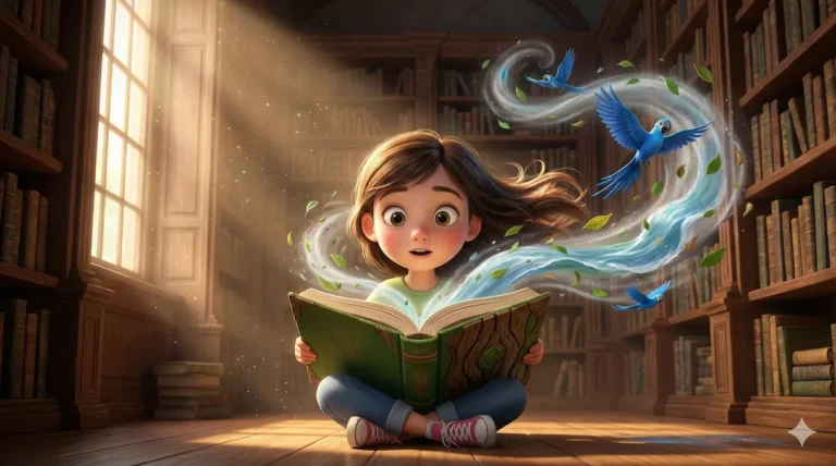 Girl reads magic book. Blue birds and leaves fly. Library setting.