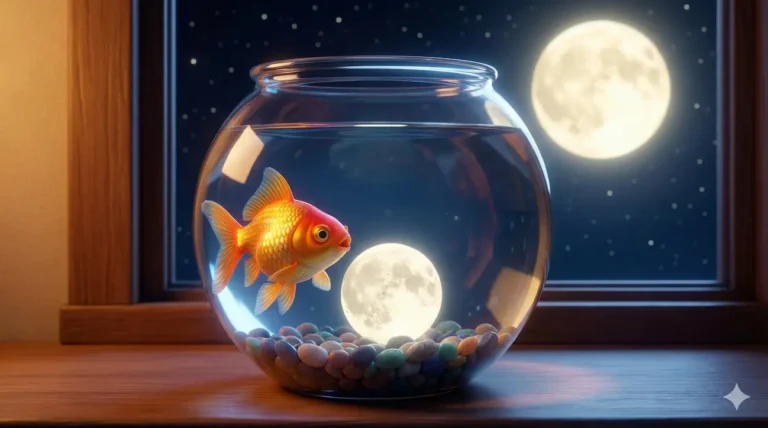 Orange goldfish swims in bowl with pebbles and moon, starry night behind.