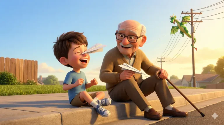 Boy, grandpa, and green dragon play with paper airplanes. Children's story fun.
