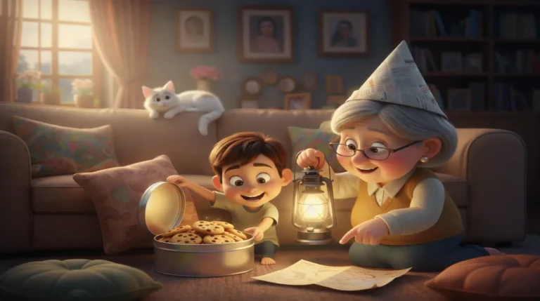 Smiling boy, grandma with lantern, cookies, map, white cat. Cozy, cute.