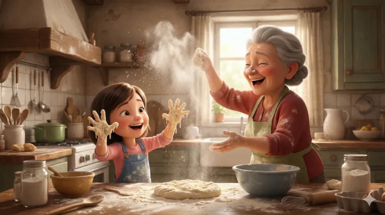 Smiling girl and grandma bake, throwing flour. Baking story fun.