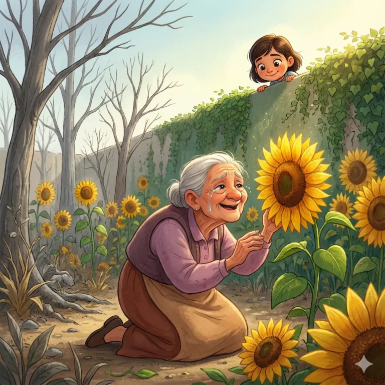 Grandma smiles, touches sunflower; girl watches from wall in garden. Children's story art.