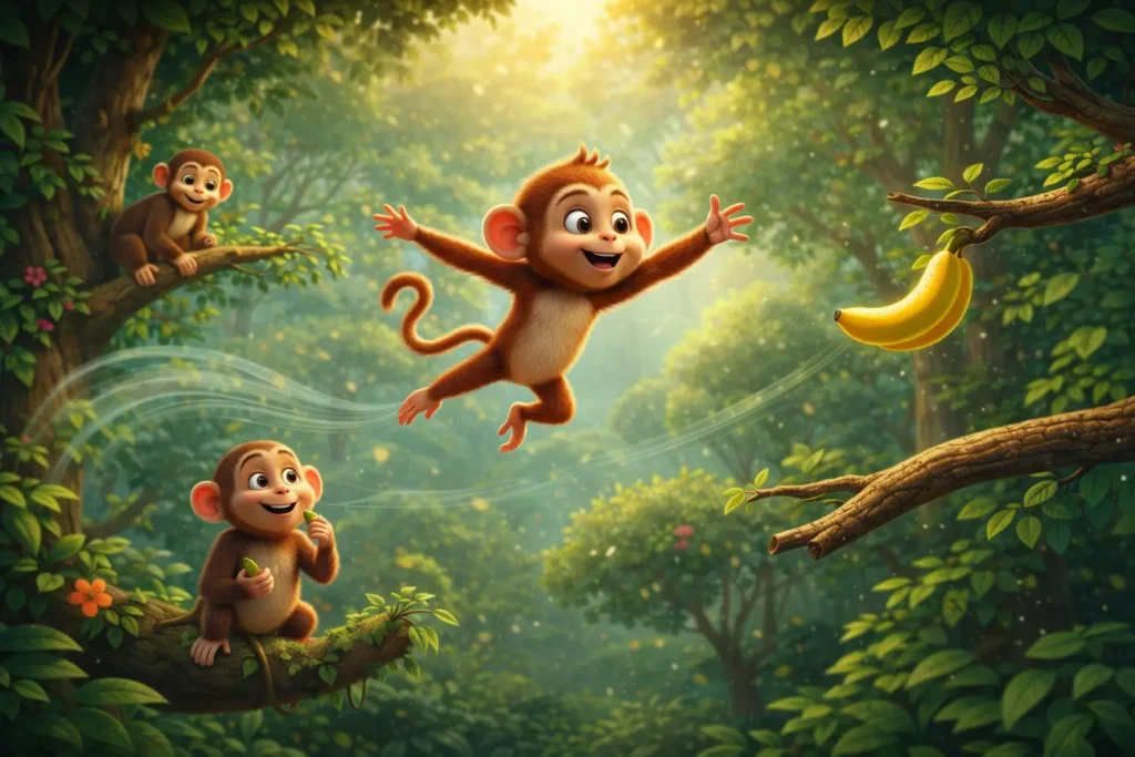 Happy monkey leaps for yellow banana in green jungle, storybook illustration.