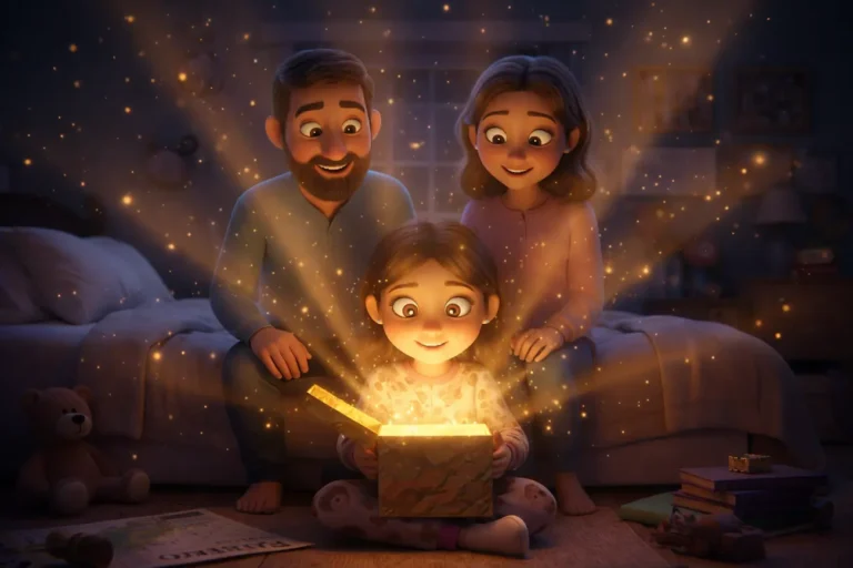 Cartoon family opening magic gift box with glowing sparkles in dark room.