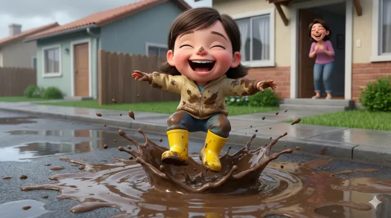 Laughing girl in yellow boots jumps in muddy puddle; mom watches, smiling.