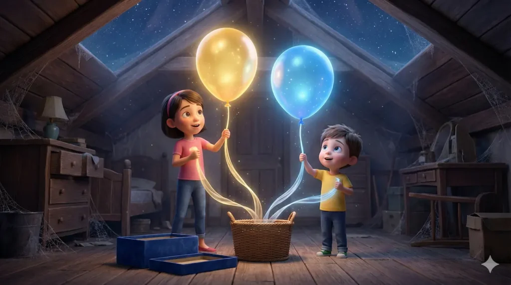 Kids in attic hold glowing yellow, blue balloons, magical children's story.