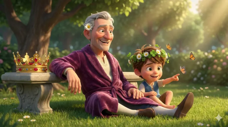 Smiling boy and grandpa with crowns watch butterflies in sunny garden setting.