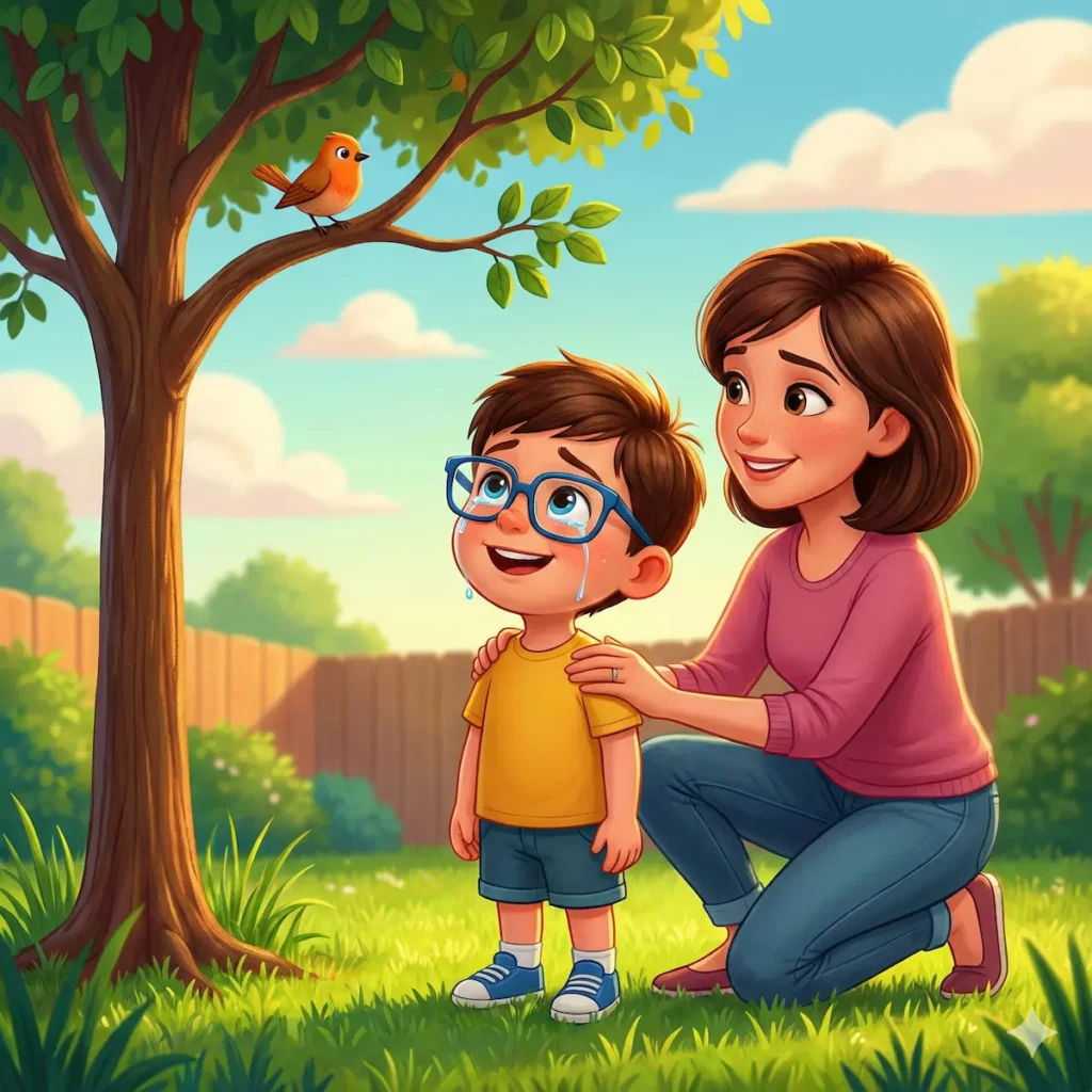 Smiling boy with glasses, mom, and bird look at tree. Cartoon illustration.