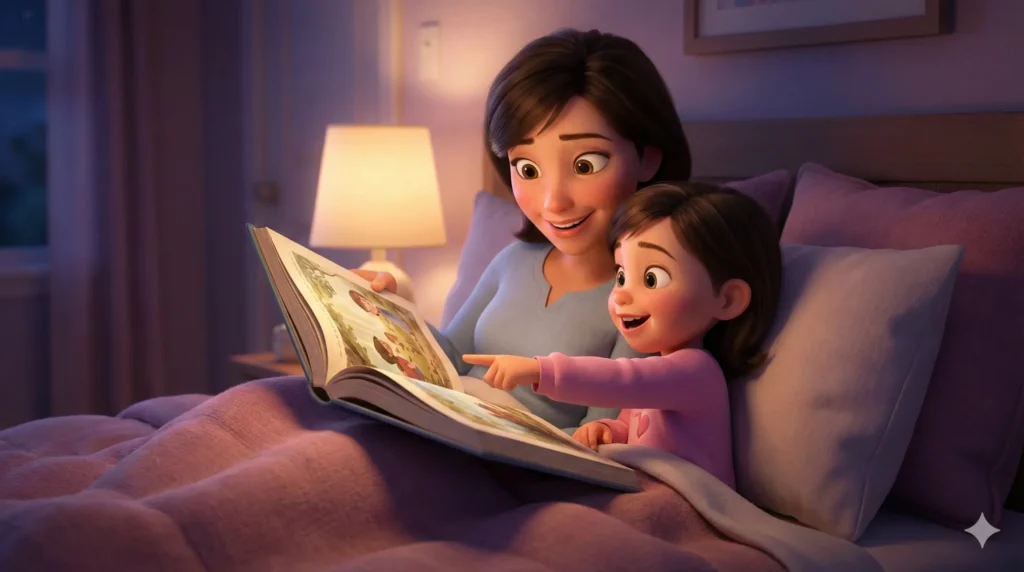 A mother and daughter reading a magical book together in bed, representing the cozy bedtime tales at Online Books For Children.