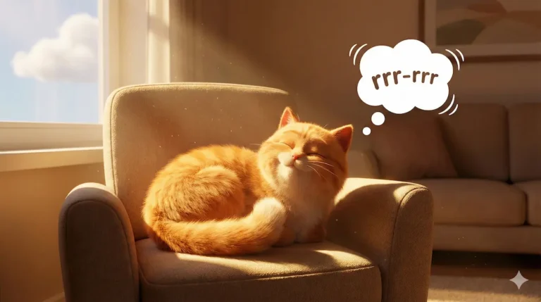 Orange cat purring happily, eyes closed, on a cozy chair in the sunshine.