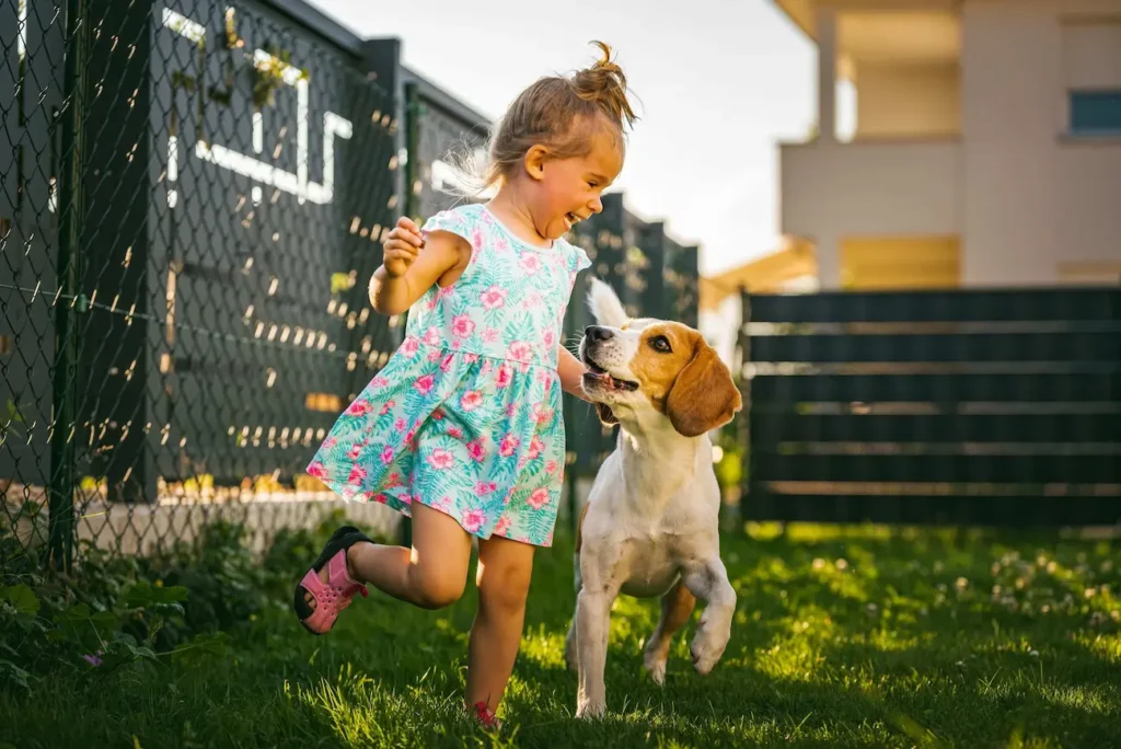 Happy girl in floral dress runs with beagle dog on green lawn.