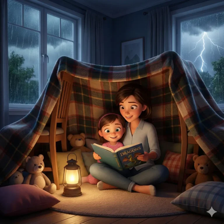 Mom and girl read Dragons book in blanket fort during storm.