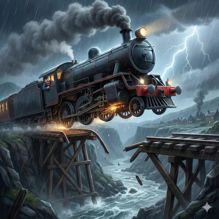Scary black train jumps broken bridge during stormy weather. Children's story illustration.