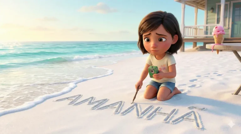 Sad girl writes Amanhã on beach, holding camera. Ice cream melts nearby.
