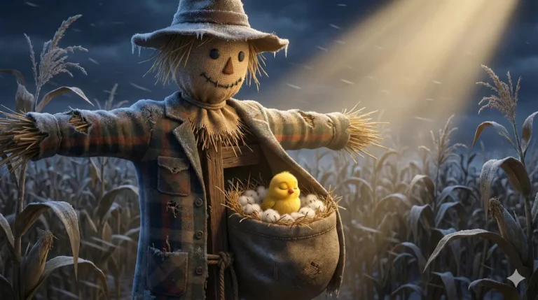 Scarecrow with yellow chick nestled safely in pocket during snowy day.