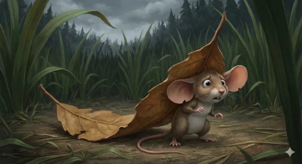Scared brown mouse hides under big brown leaf in tall green grass.