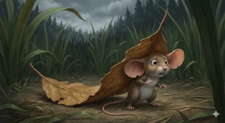 Scared brown mouse hides under big brown leaf in tall green grass.