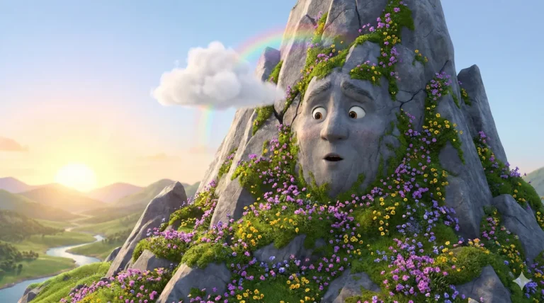 Surprised stone mountain face with flowers, cloud, and rainbow in sunny children's story.