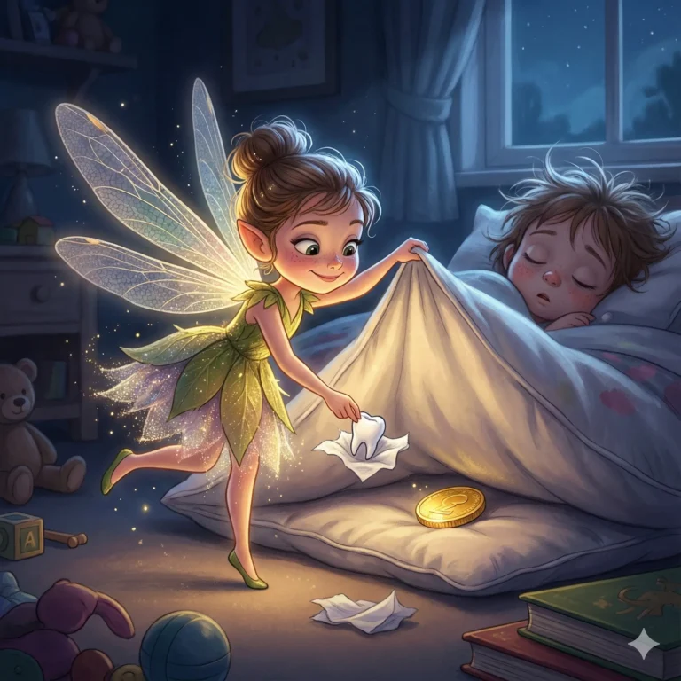Tooth fairy with wings swaps tooth for coin near sleeping child's bed.