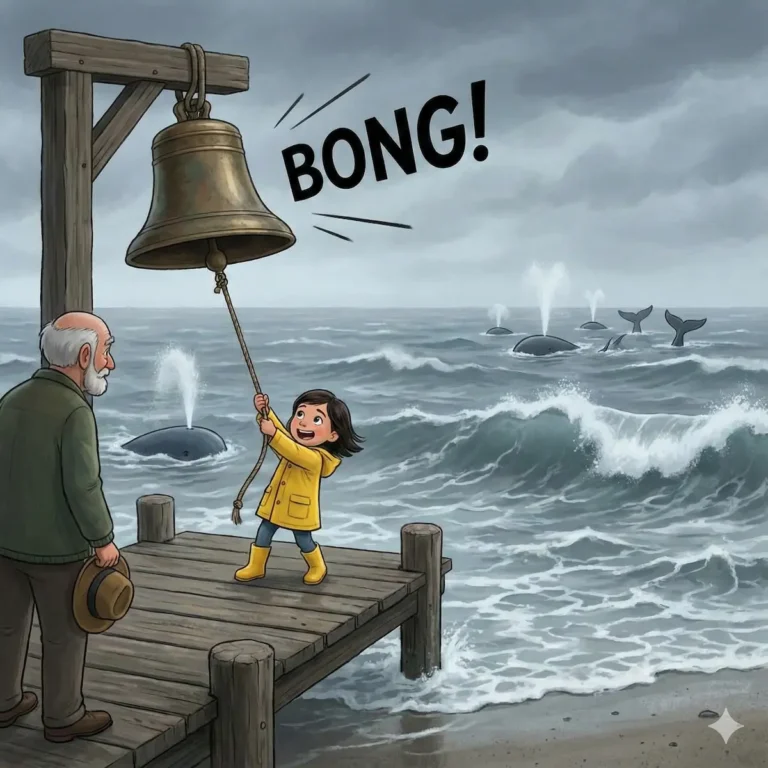 Girl in yellow rings bell; grandpa watches whales at sea. Bong!